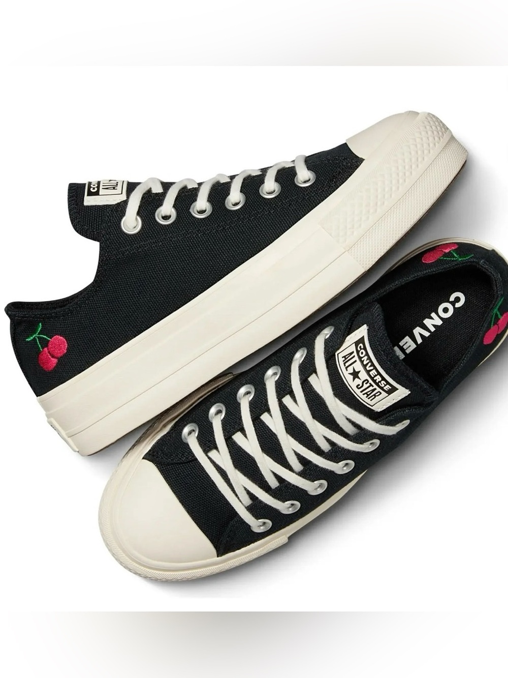 Converse Black Canvas Low Top Sneakers with Red Cherry Embroidery